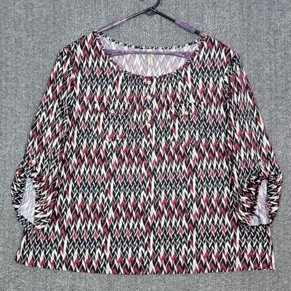 Per Seption Concept Tunic Top Women 3X Black White Red Chevron 3/4 Sleeve Blouse